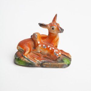 Vintage Metal Doe Fawn Figurine Deer Rustic Chippy Paint Nature Animal Decor